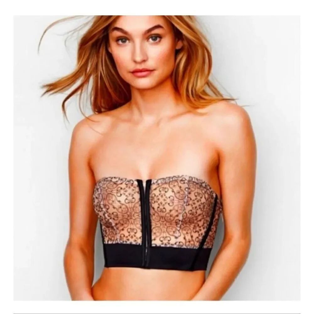 Victorias Secret Very Sexy Bustier Large cropped corset cream tan black lace up